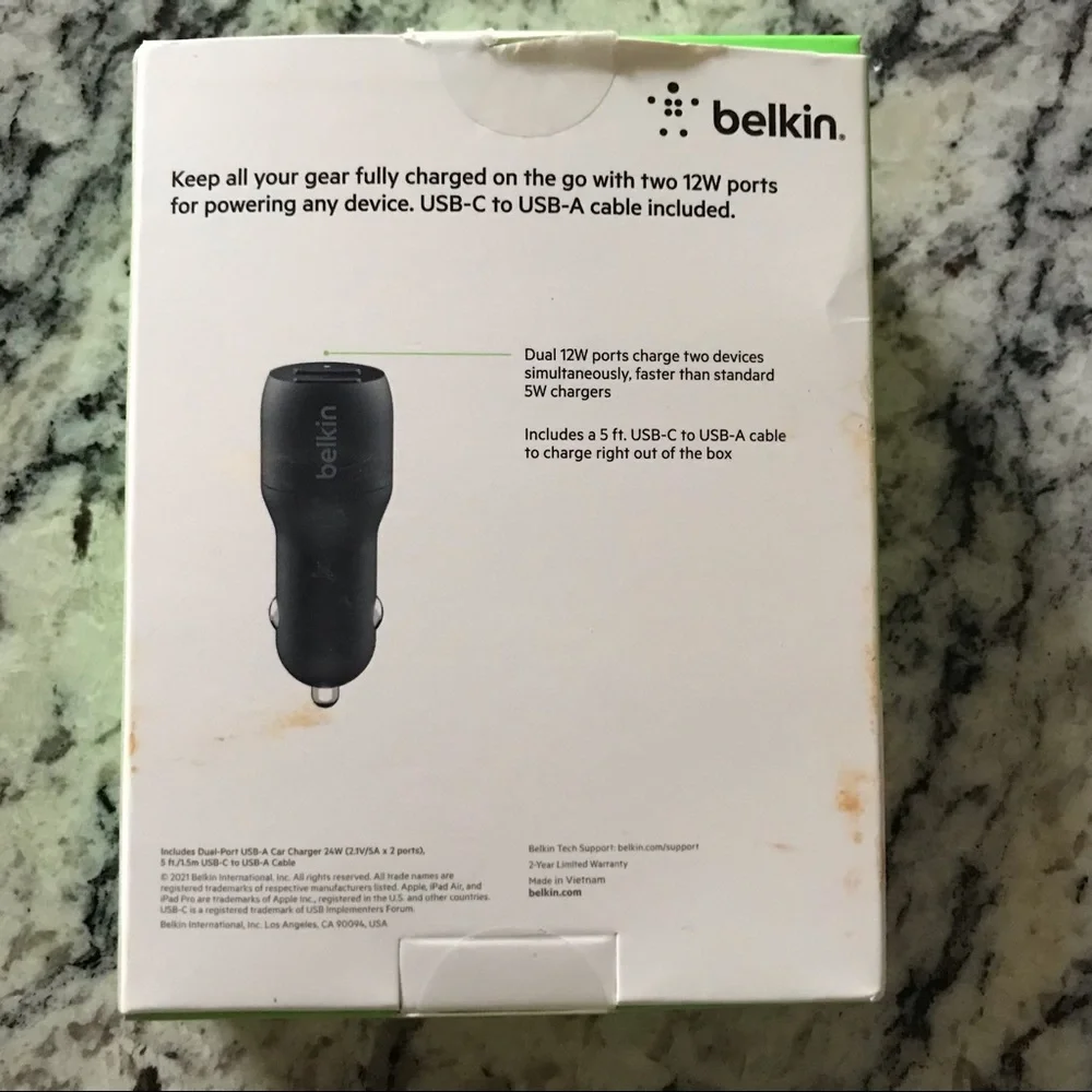 belkin Dual-Port USB-A Car Charger 24w+5ft cord